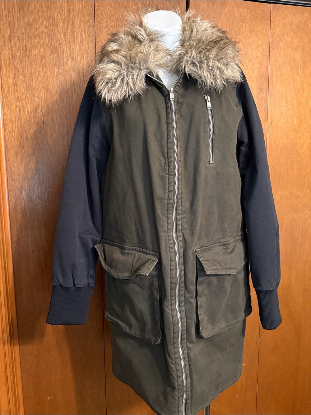 Forever 21 Olive and Black Parka with Faux Fur Hood
